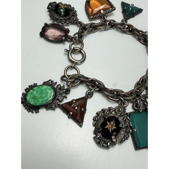 Vintage ArtDeco Czech Carved Art Glass Charm Bracelet Multicolor Circa 30s Rare - Picture 10 of 13